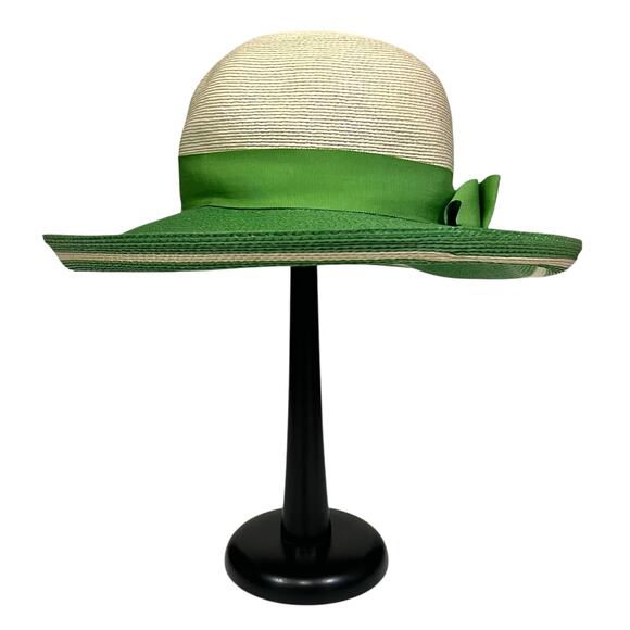 Adele Claire Vintage Hat Women’s Wide Brim Woven Derby Green Ivory Bow Fancy - Picture 2 of 8